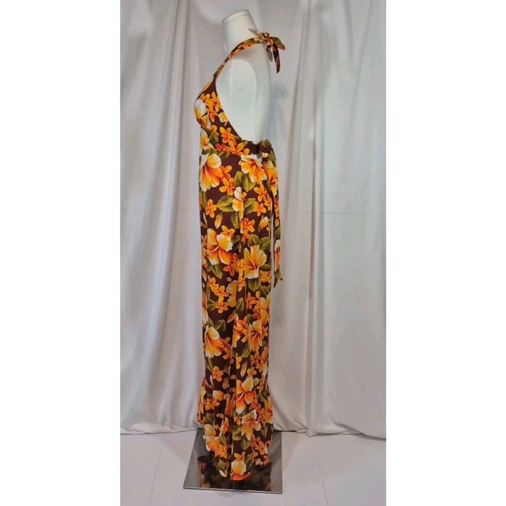 Vintage Hawaiian Cotton Orange Retro Green Floral Halter Maxi Dress US 8 10 - Picture 5 of 12